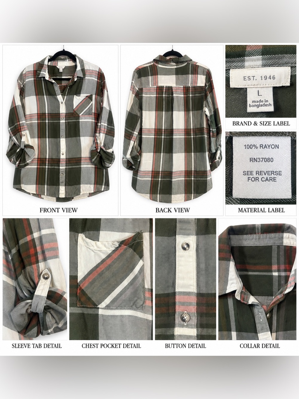 Women's Olive & Cream Plaid Button-Down Shirt - L